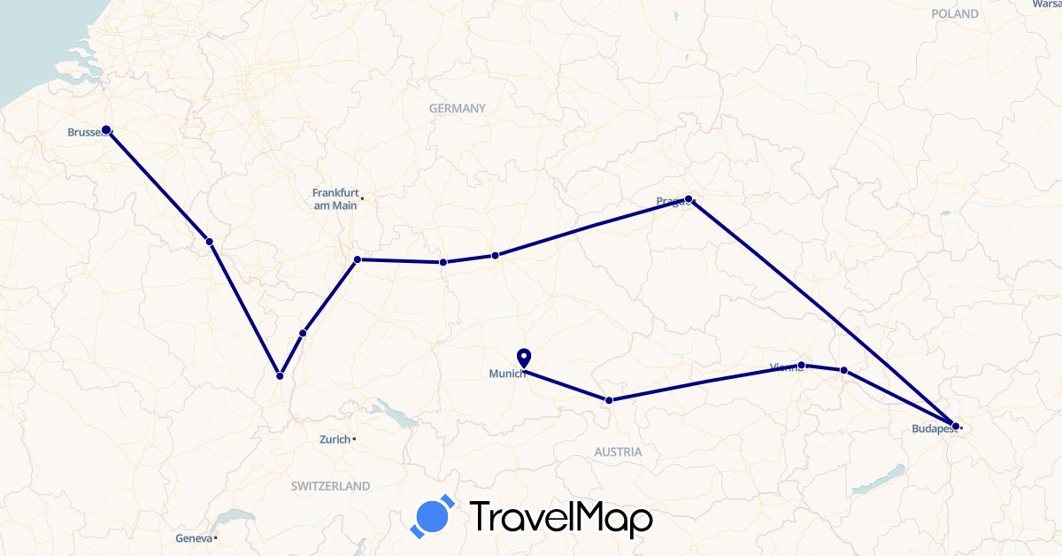 TravelMap itinerary: driving in Austria, Belgium, Czech Republic, Germany, France, Hungary, Luxembourg, Slovakia (Europe)